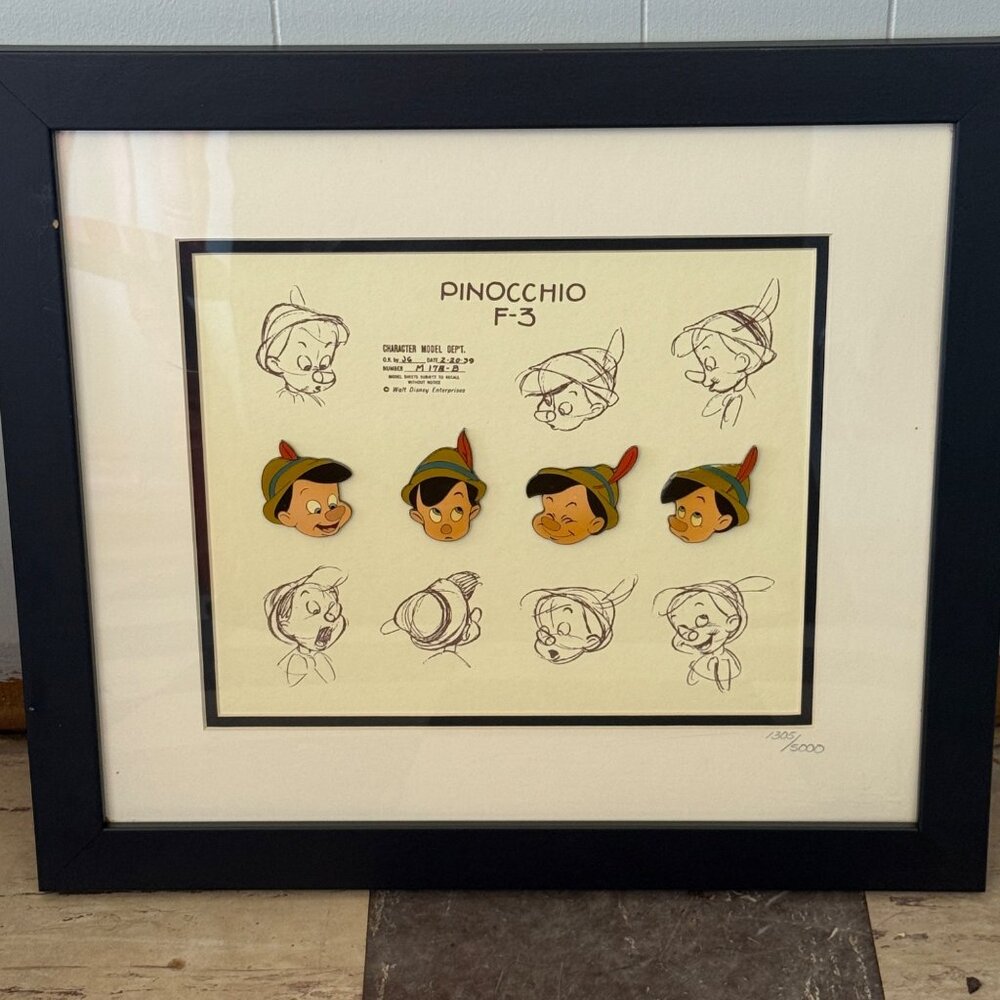 Pinocchio F-3 Character Model Sheet Framed Pin Set With Certificate Disney Limit